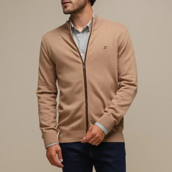 SMF Tan with Brown Contrast Knit Mockneck Jacket - Picture 1 of 4
